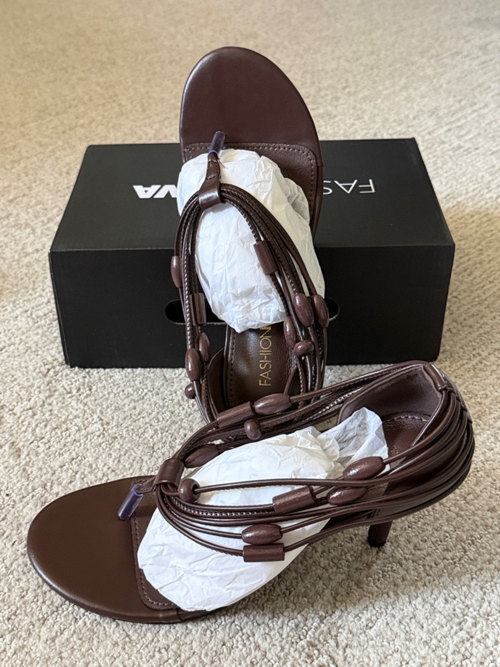 Fashion Nova Brown Beaded Strappy Heeled Sandals